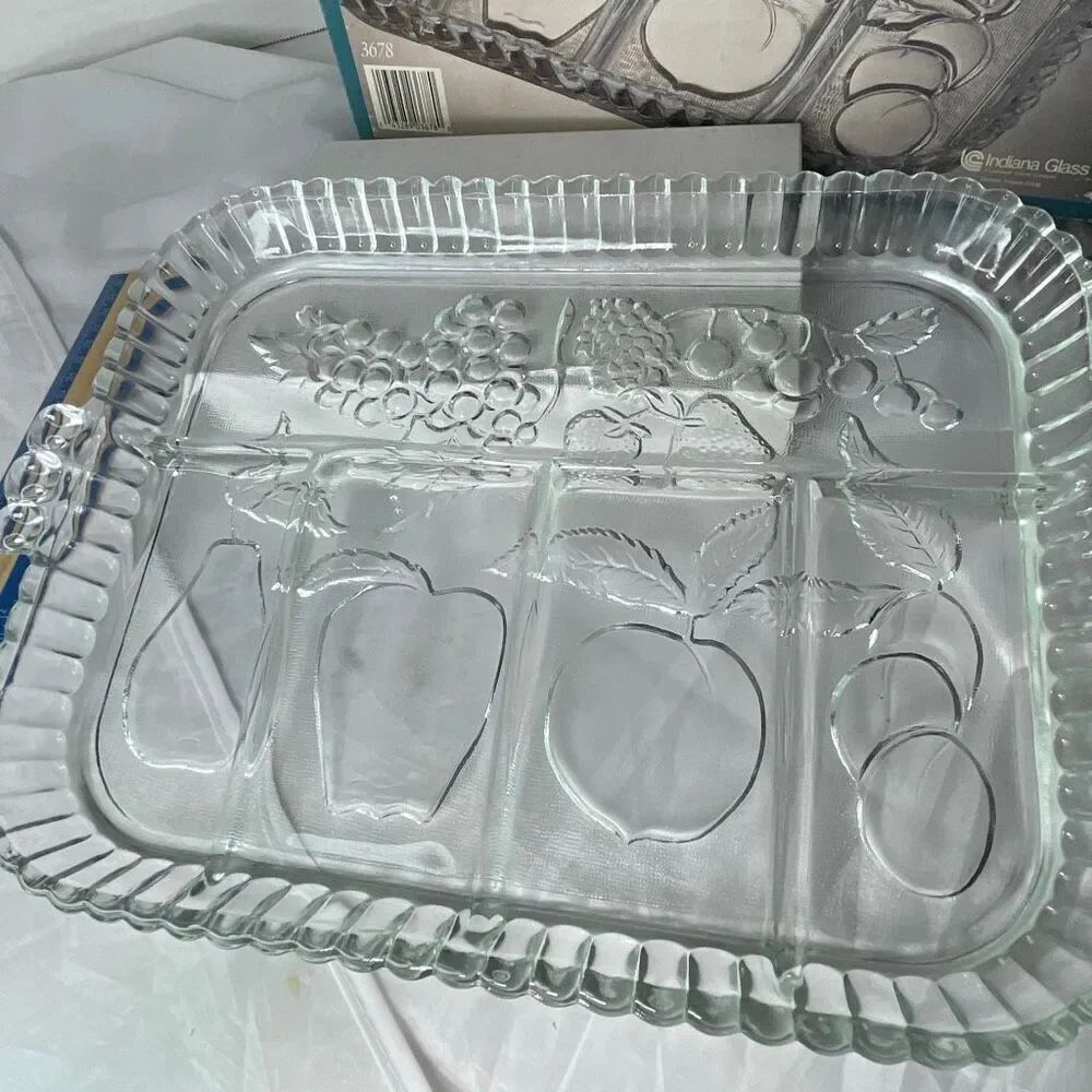 Vintage Indiana glass Crystal Happenings 5 part relish tray veggies fruit